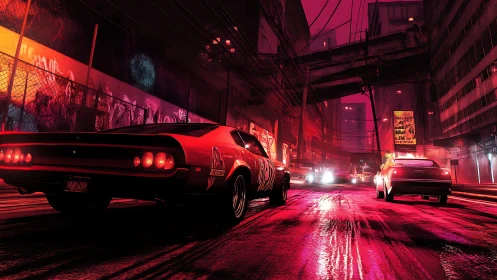 Retro muscle car convoy under neon-lit cyberpunk overpass at night