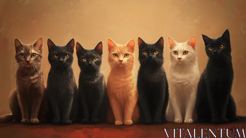 Seven Cats in Aligned Row Against Warm Background