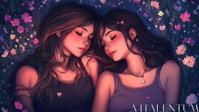 Two women embrace amid blooming flowers under starlit sky