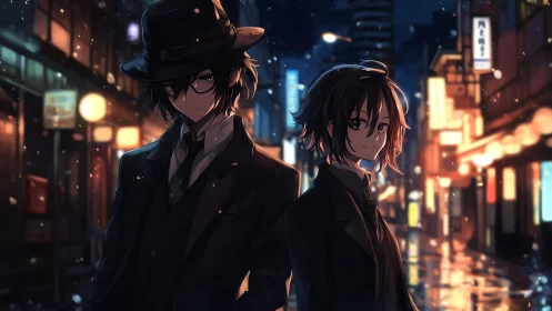 Stylish anime duo walk through neon city at snowy night.
