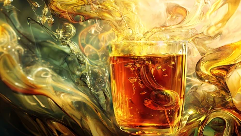 Viscous amber liquid turbulence envelops glass in fluid dynamics