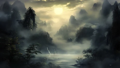 Misty mountain lake landscape shows sun above layered peaks