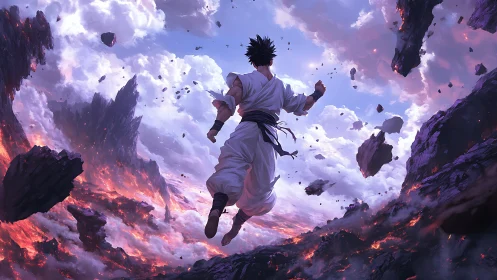 Martial artist levitates over erupting volcanic chasm