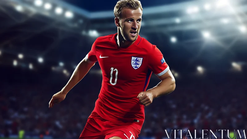 Dynamic forward in red kit under stadium floodlighting detail.