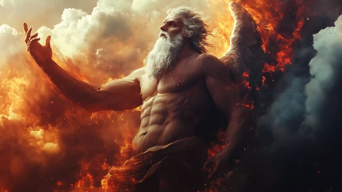 Winged muscular elder rising in blazing fiery clouds.
