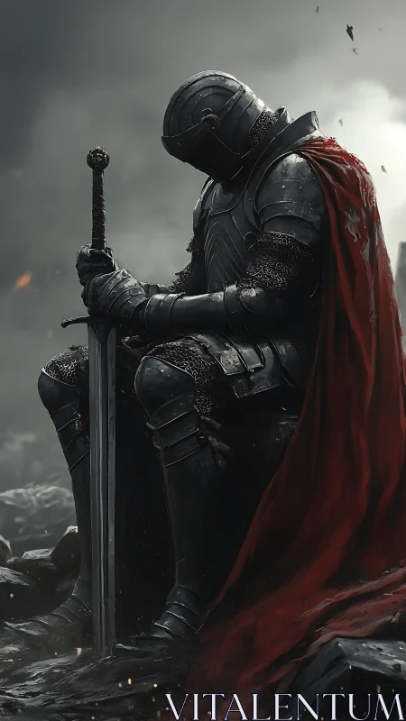 Armored knight kneels with greatsword amid ash and storm light