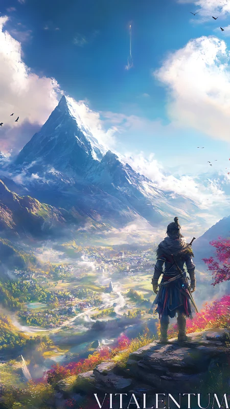 Lone warrior overlooks bright valley beneath towering peak.
