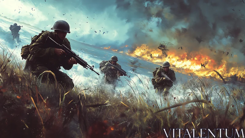 Storm-torn beach assault under burning skies of war.