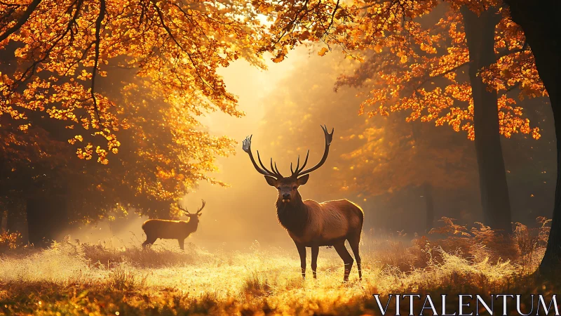 Red deer stag in golden autumn forest light at dawn.