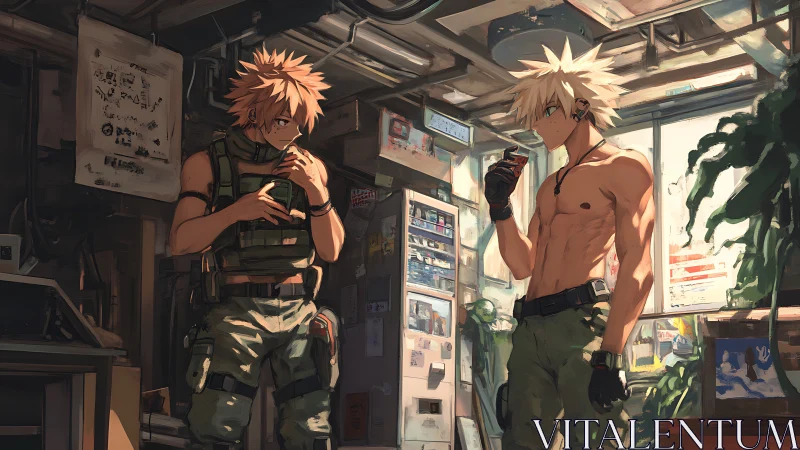 Sunlit garage hangout with two relaxed anime soldiers.