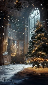 Snowlit Christmas tree in ornate baroque winter hall.