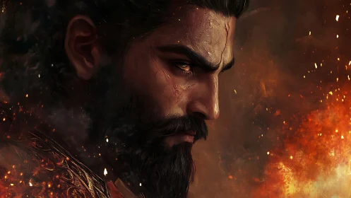 Battle-scarred ember king staring down the storm of fire.