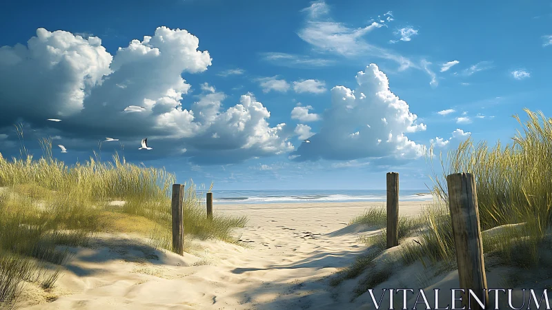 Coastal sand path leads toward tranquil blue ocean horizon.