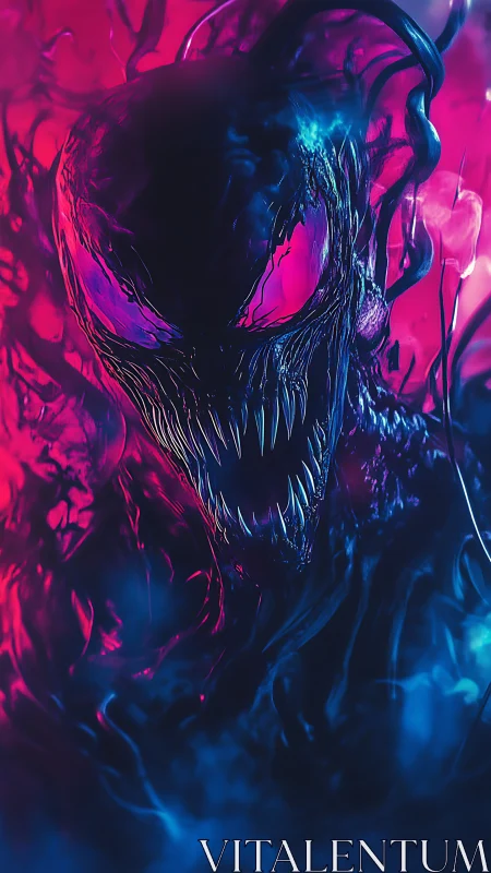 Neon-lit alien creature grinning in swirling cosmic shadows.