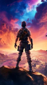 Lone action hero overlooking vivid sci fi battle valley.