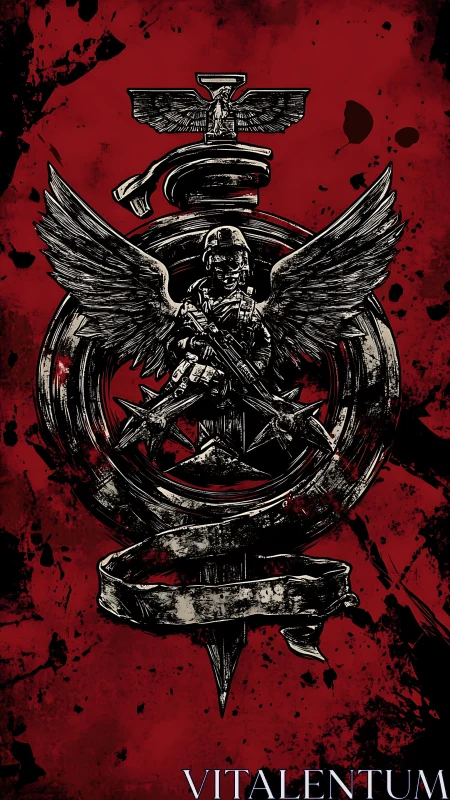 Winged soldier emblem over blood-red battle sigil.