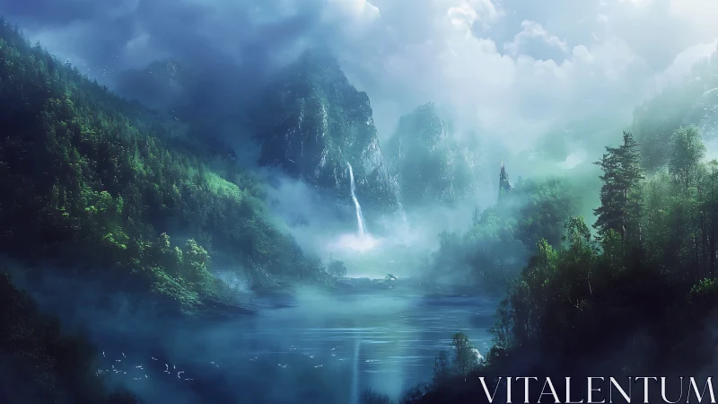 Mystic mountain lake with towering waterfall at dawn.