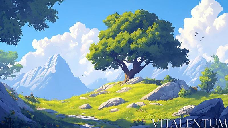 Solitary hilltop tree crowns luminous alpine meadow.