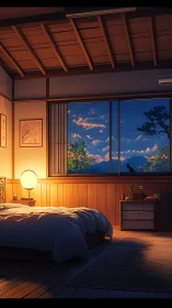 Serene tatami bedroom glows under warm sunset light
