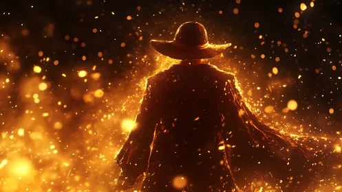 Backlit cloaked wanderer engulfed in radiant ember glow.