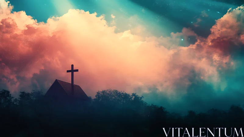 Hilltop chapel silhouette under radiant celestial clouds.