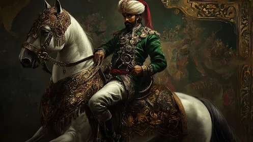 Regal Ottoman rider on jeweled white warhorse in palace hall.