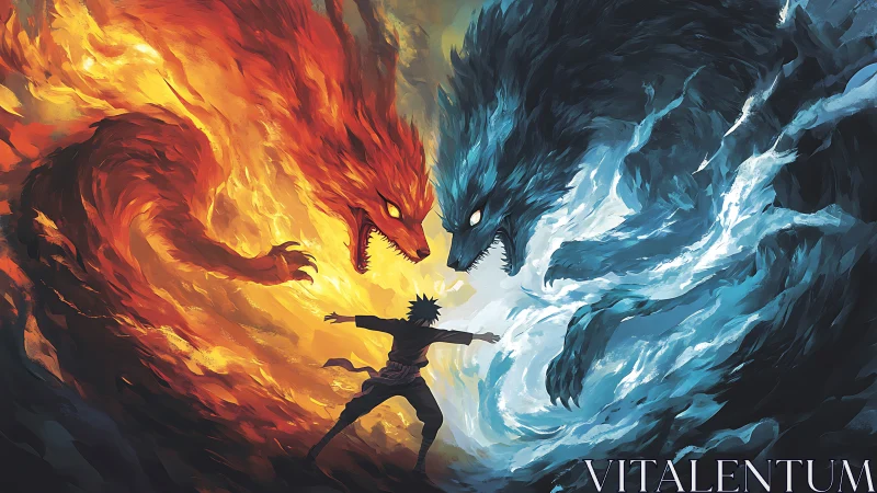 Human warrior stands between colossal fire and ice beasts