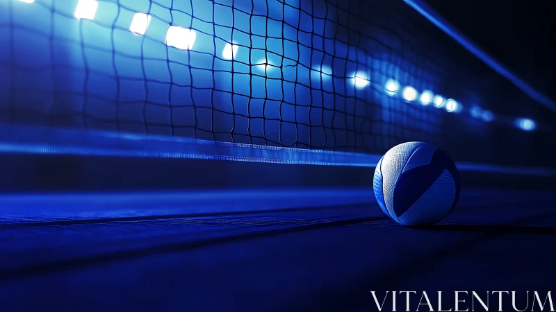 Volleyball court glows under dramatic blue arena lights.