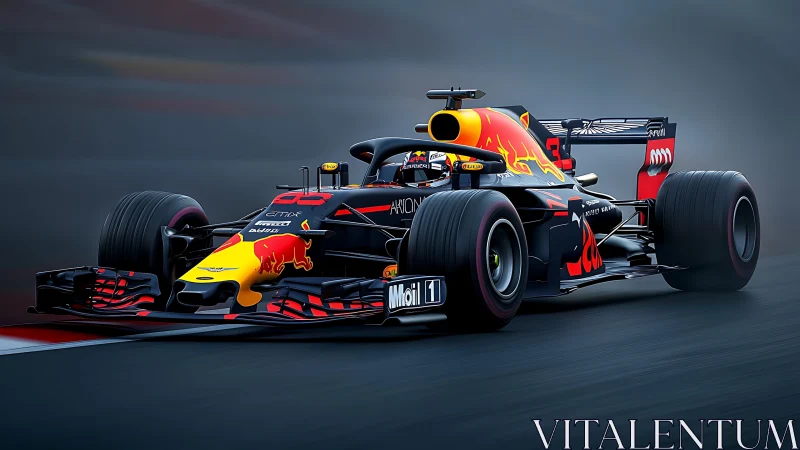 Scarlet-bolted Formula racer knifes through graphite dusk.