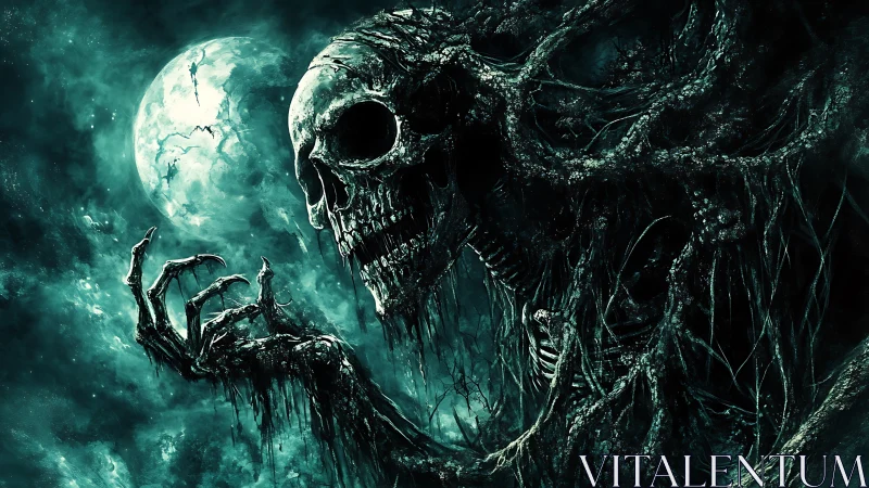 Moonlit skeletal wraith rising through twisted roots.