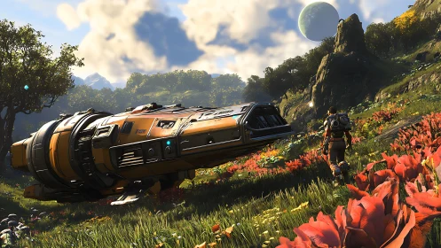 Starbound wanderer strolls past a grounded amber starship