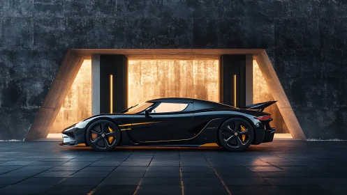 Sleek black hypercar in cinematic architectural lighting setup.