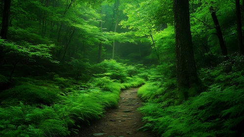Emerald Sanctuary: Stone Path Winds Through Verdant Forest Silence.