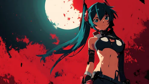Moonlit cyber heroine cuts through crimson storm skies.