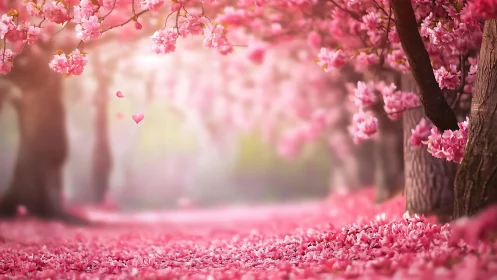 Romantic Pink Blossom Path Creates Dream-Like Spring Landscape