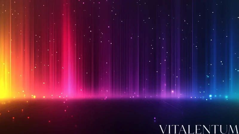 Neon light columns stream across holographic gradient field.