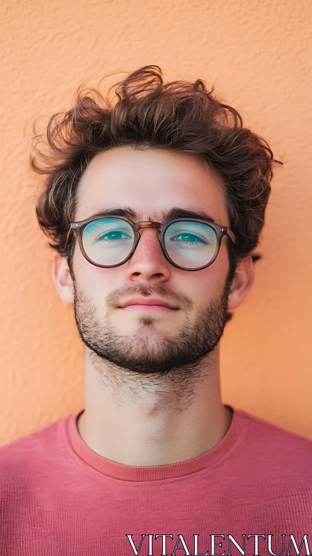 Portrait shows a young adult wearing glasses against wall