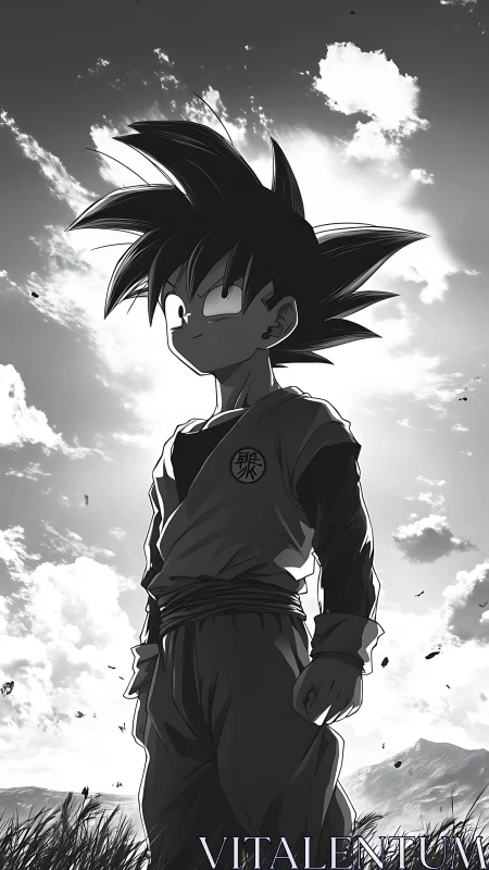 Young anime warrior in dramatic backlit grayscale landscape.