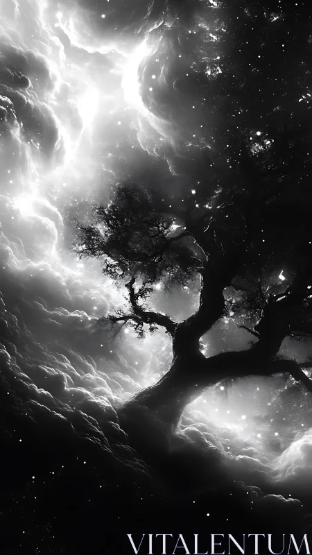 Astrophysical void with silhouetted arboreal structure foreground.