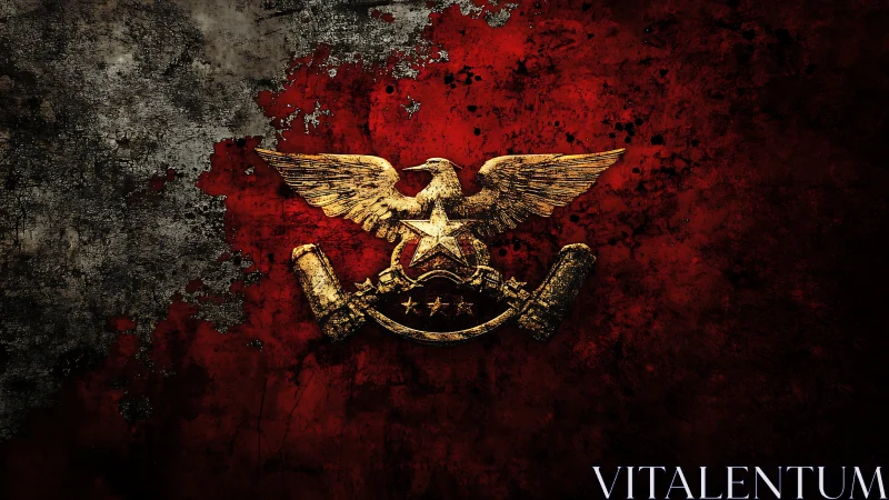 Grunge eagle emblem on distressed red textured background.