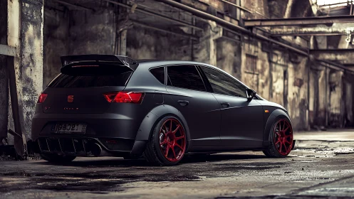 Matte black hot hatch with red wheels in abandoned warehouse.