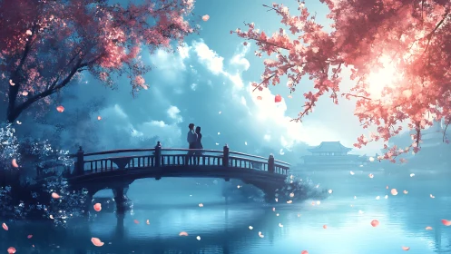 Romantic couple on arched bridge in misty sakura lakeside dusk