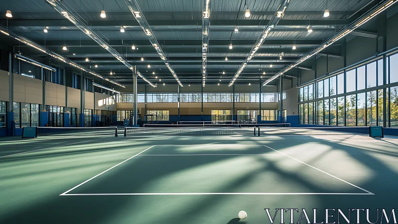 Modern indoor tennis complex with sunlit glass walls.
