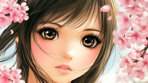 Anime portrait with cherry blossoms and luminous eye detail.