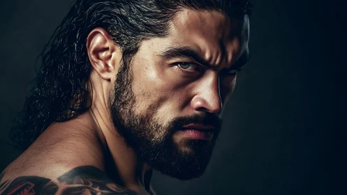 Close cropped portrait of muscular man with intense gaze.