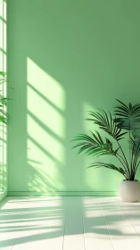 Minimalist mint interior with potted palm and hard light shadows.
