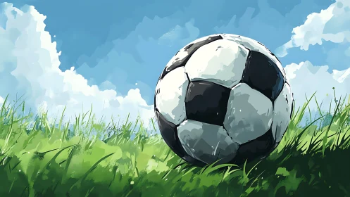 Sunlit soccer ball resting in bright summer grass field.