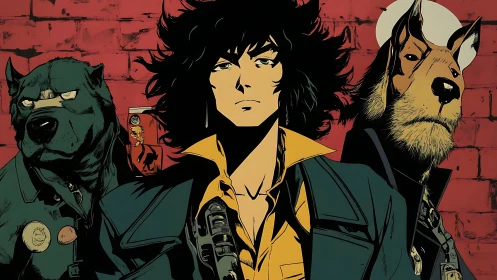 Human figure with two anthropomorphic dogs before red wall