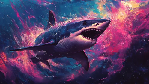 Neon cosmic shark explodes through swirling electric waves