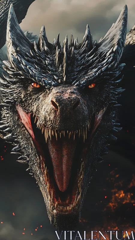 Fire-breathing dragon roars amid embers and storm clouds.